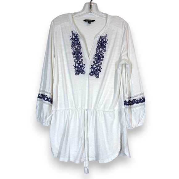 Ralph Lauren Tunic Top Blouse Medium White Blue Embroidered Summer Vacation - Picture 1 of 9